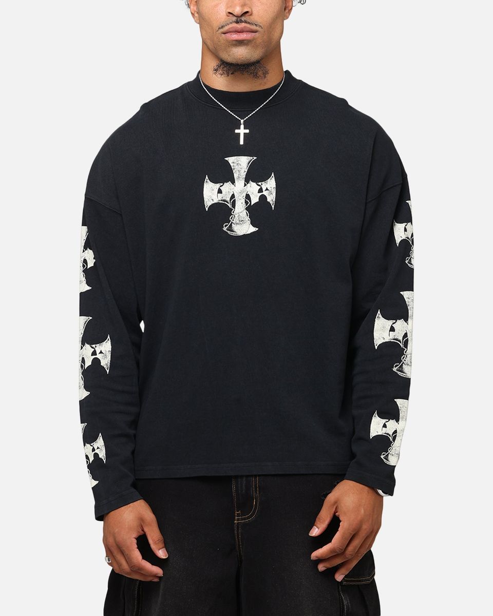 LOITER Cross Long Sleeve T-Shirt Black Acidwash
